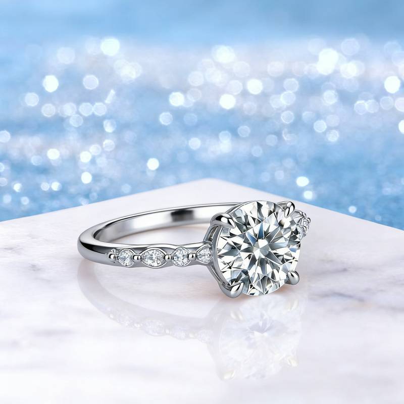 SR0649903款S925银镀18K金圆形莫桑钻奢华女戒主石9.0mm/3.0ct