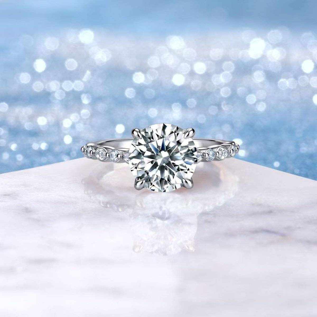 SR0649903款S925银镀18K金圆形莫桑钻奢华女戒主石9.0mm/3.0ct