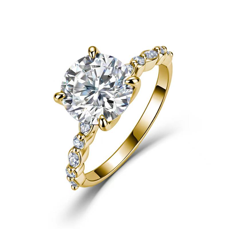 SR0649903款S925银镀18K金圆形莫桑钻奢华女戒主石9.0mm/3.0ct
