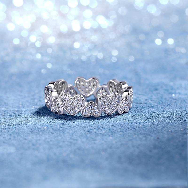 SR0399007款S925银镀18K金满镶莫桑钻心心相连女戒0.67ct