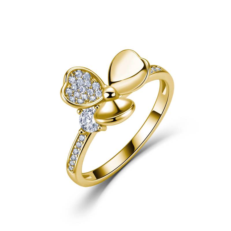 SR0552802款S925银镀18K金莫桑钻立体三叶草女戒0.37ct