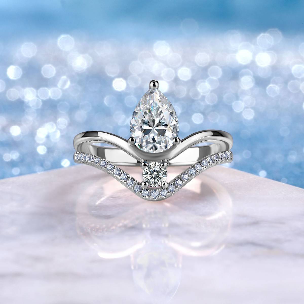 SR0030202款S925银镀18K金梨形莫桑钻双臂轻奢女戒1.6ct