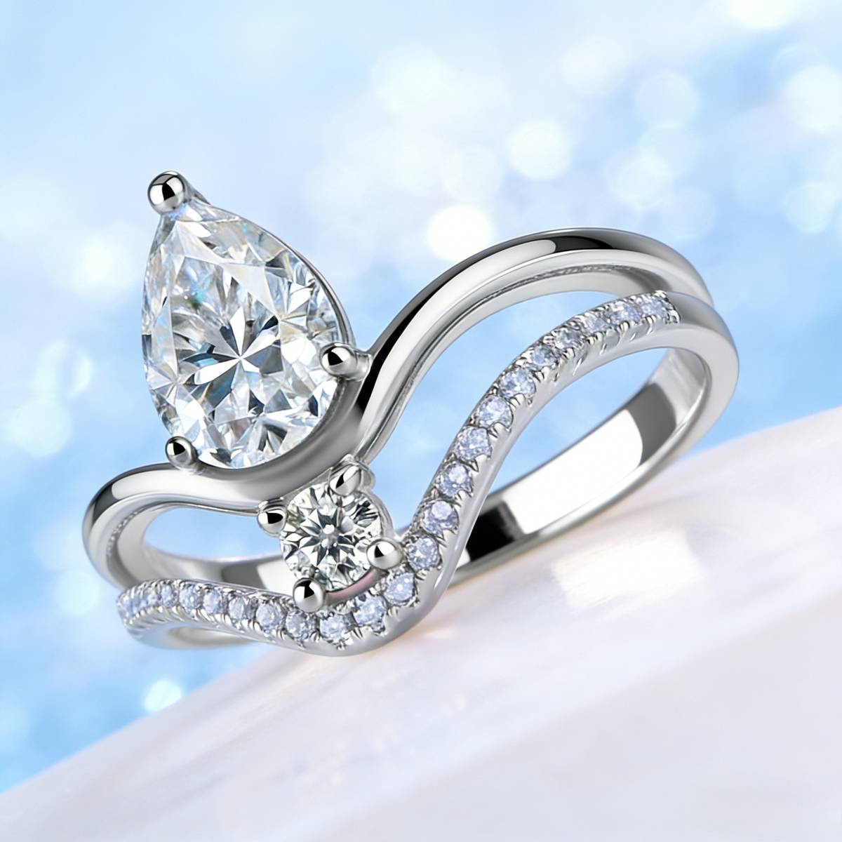 SR0030202款S925银镀18K金梨形莫桑钻双臂轻奢女戒1.6ct