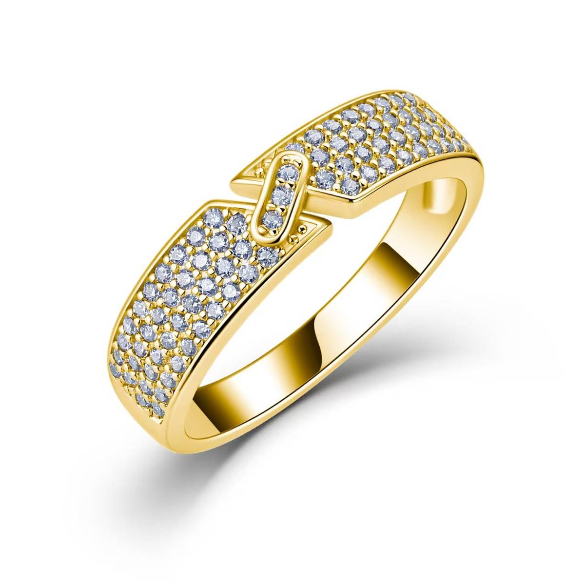 SR0290902款S925银镀18K金满镶莫桑钻几何搭扣女戒0.5ct