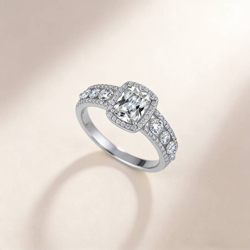 SR0220102款S925银镀18K金长方枕形莫桑钻奢华女戒2.8ct