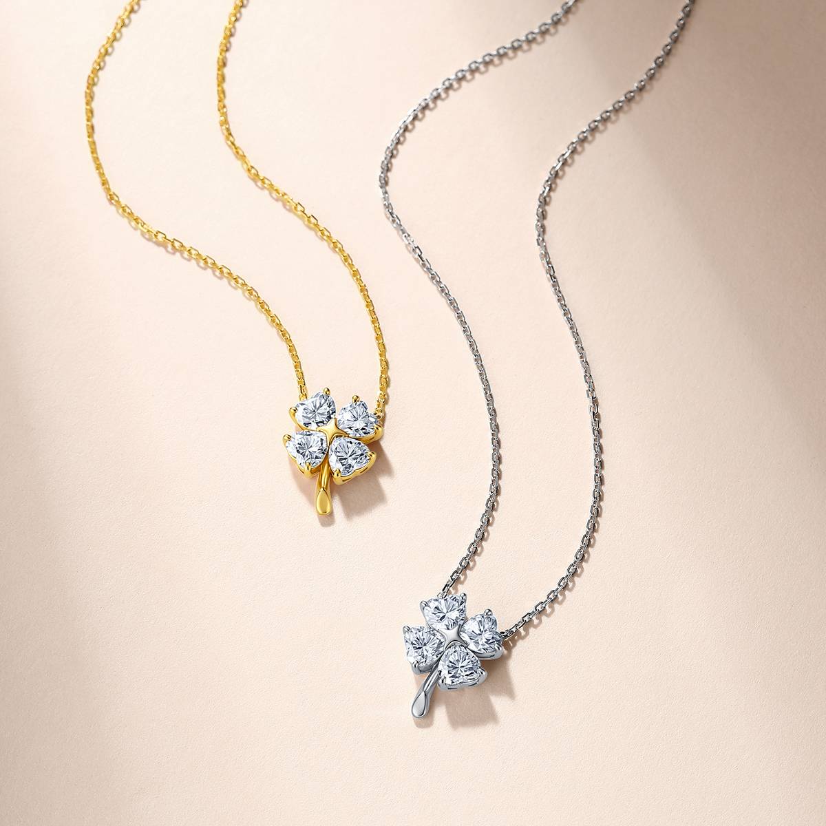 SP0564001款S925银镀18K金心形莫桑钻四叶草项链2.0ct