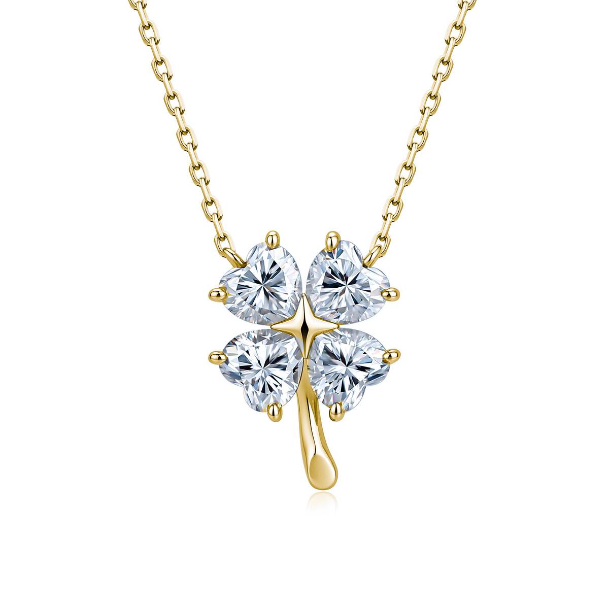 SP0564001款S925银镀18K金心形莫桑钻四叶草项链2.0ct