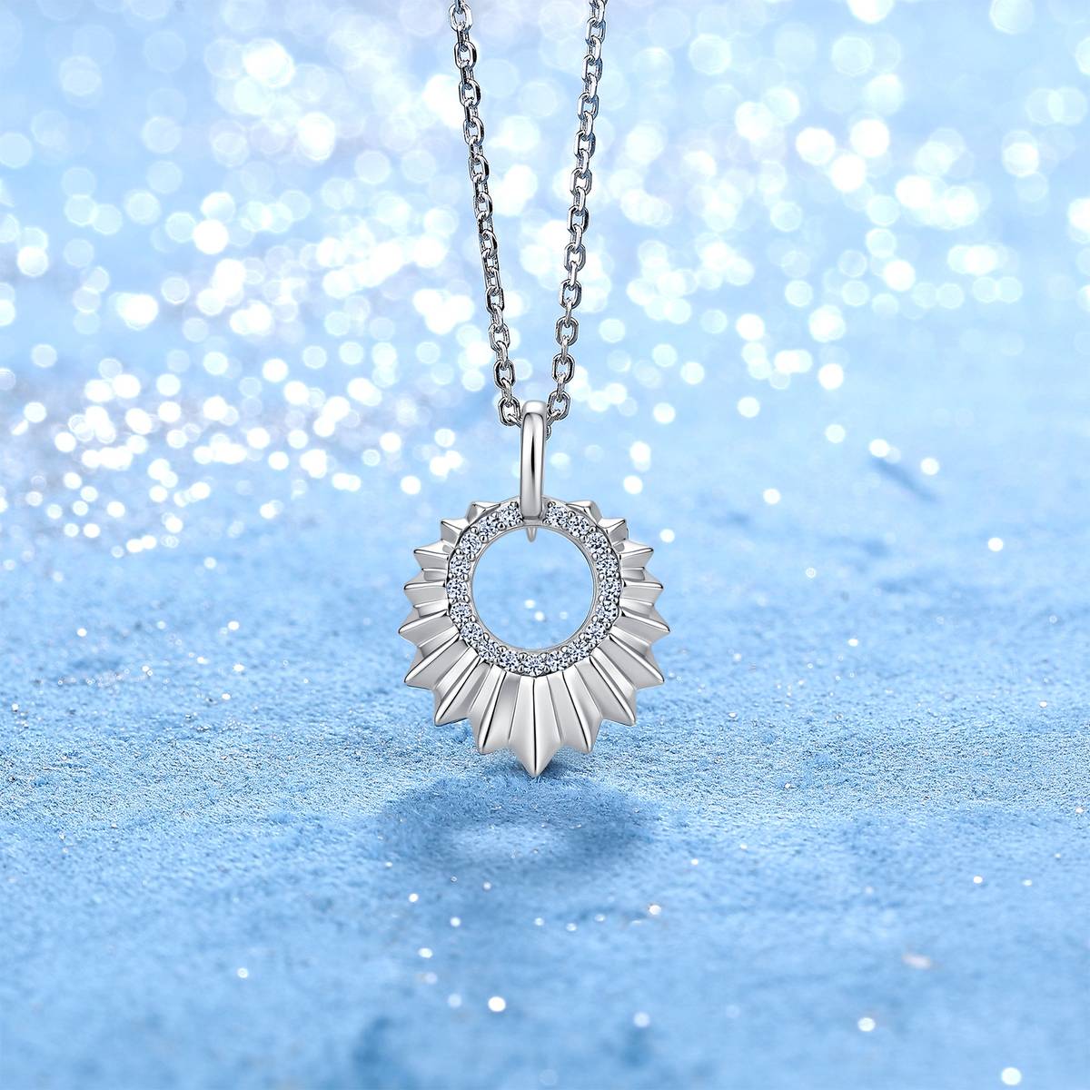 SN0239702款S925银镀18K金莫桑钻太阳花项链0.15ct