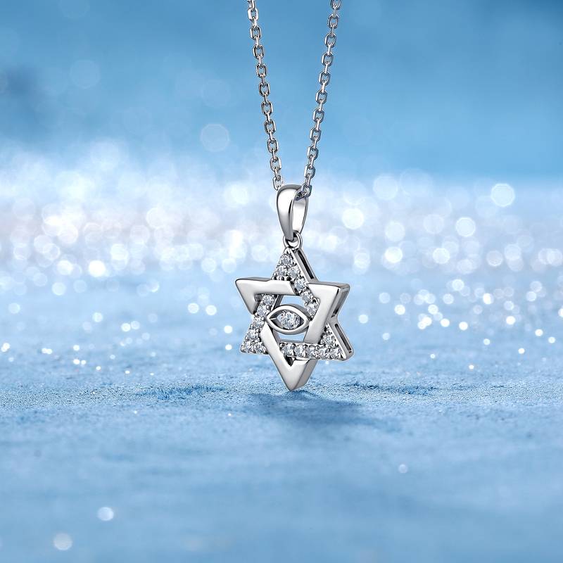 SN0258103款S925银镀18K金莫桑钻六芒星恶魔之眼项链0.33ct