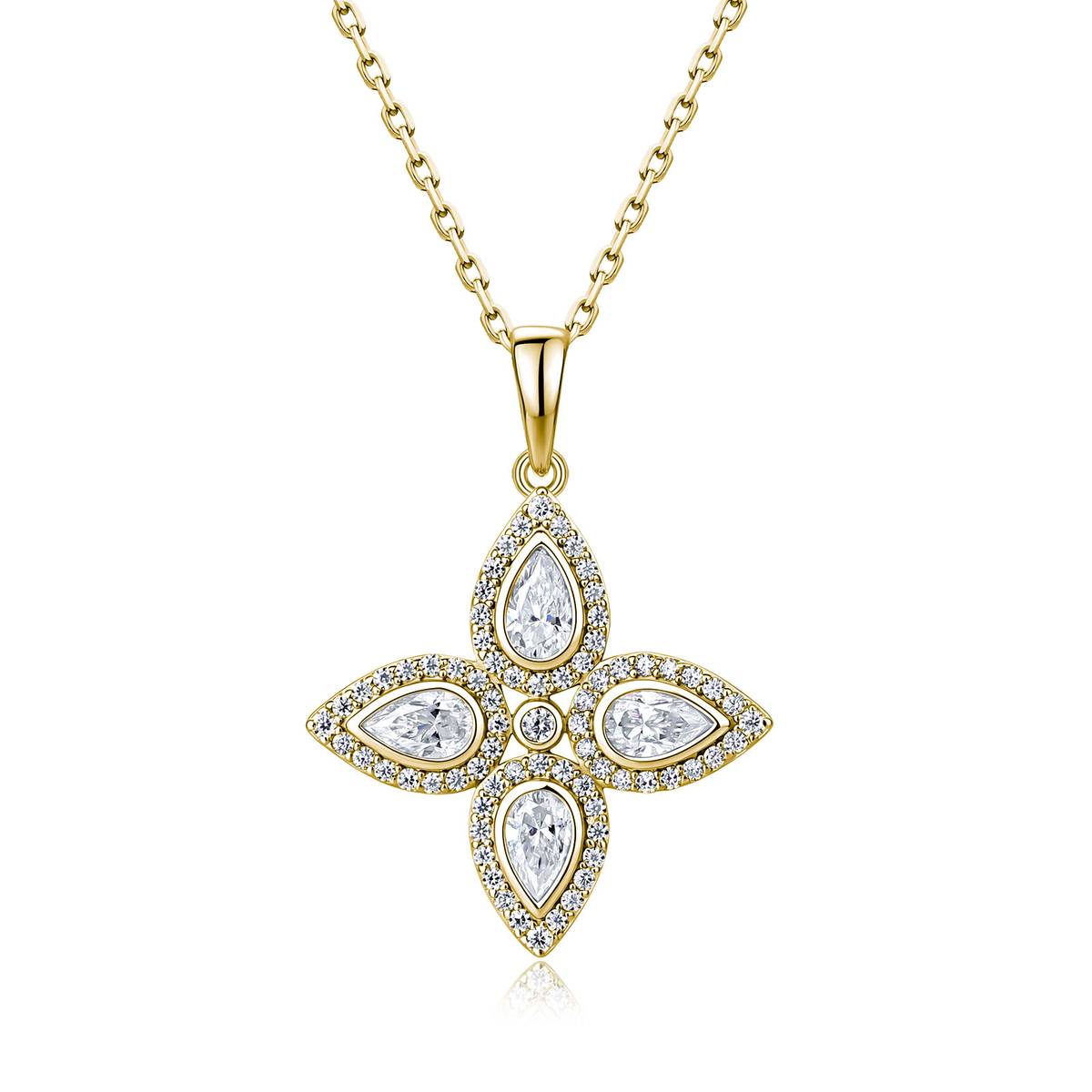 SN0258203款S925银镀18K金梨形莫桑钻经典四叶花项链0.74ct