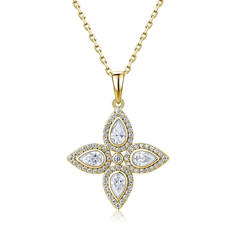 SN0258203款S925银镀18K金梨形莫桑钻经典四叶花项链0.74ct