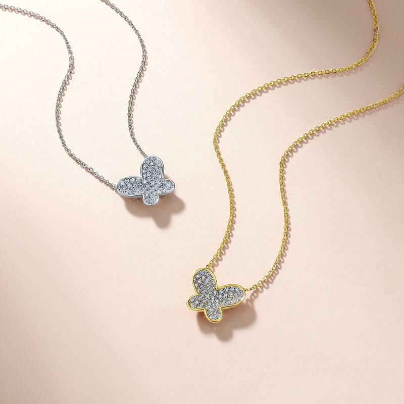 SN0261003款S925银镀18K金满镶莫桑钻蝴蝶项链0.9ct