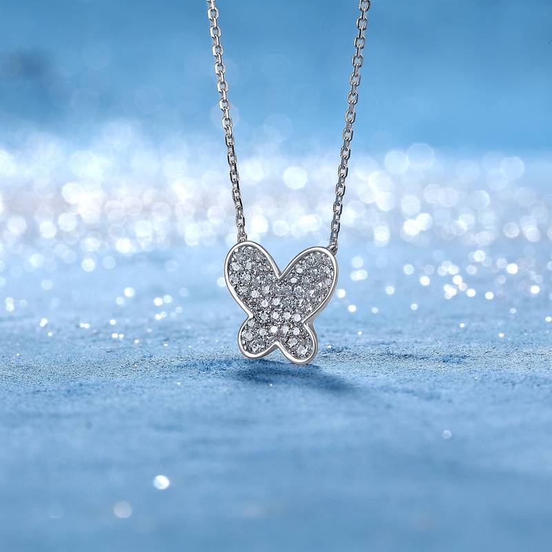 SN0261003款S925银镀18K金满镶莫桑钻蝴蝶项链0.9ct