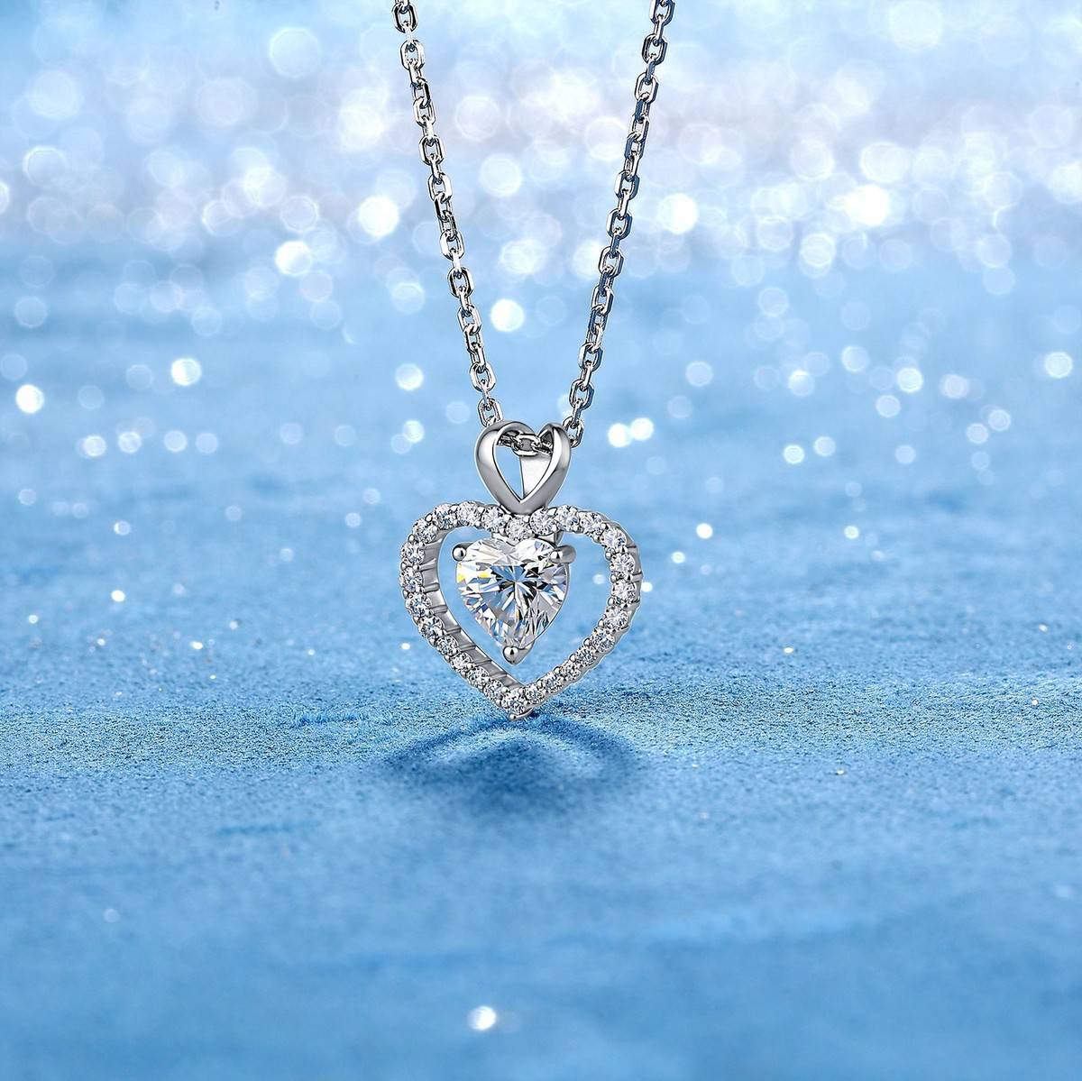 SP0546902款S925银镀18K金心形莫桑钻双心项链1.0ct