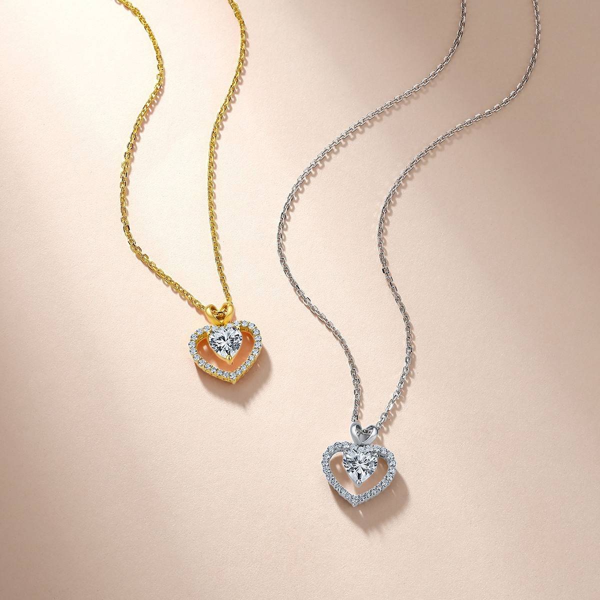 SP0546902款S925银镀18K金心形莫桑钻双心项链1.0ct