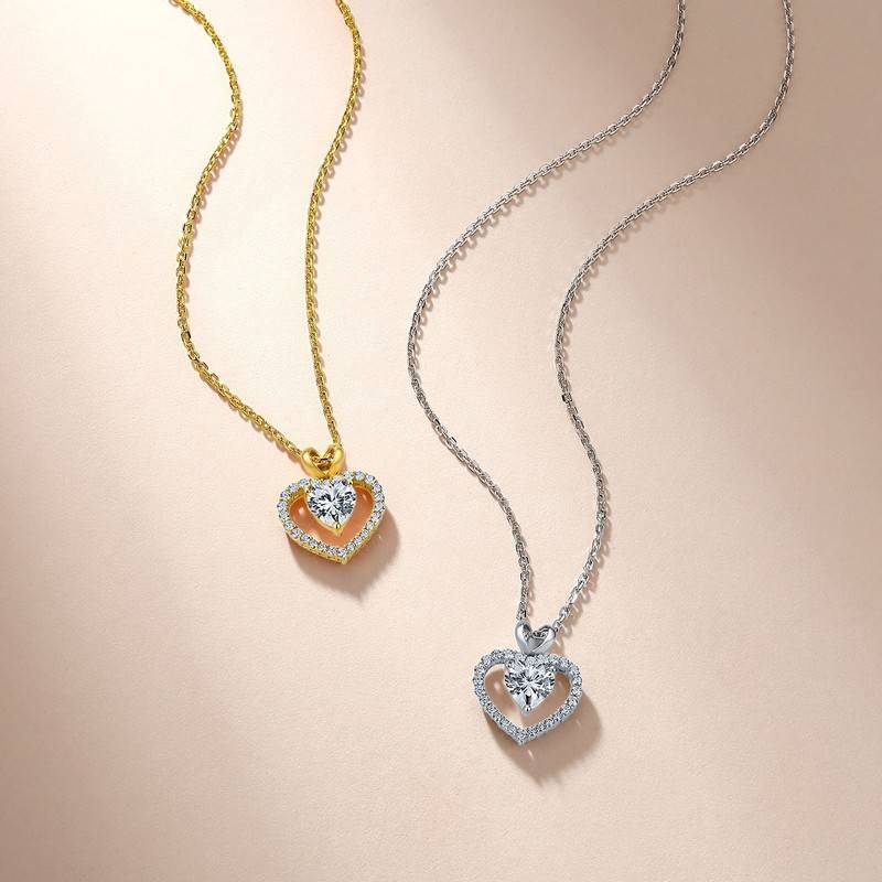 SP0546902款S925银镀18K金心形莫桑钻双心项链1.0ct