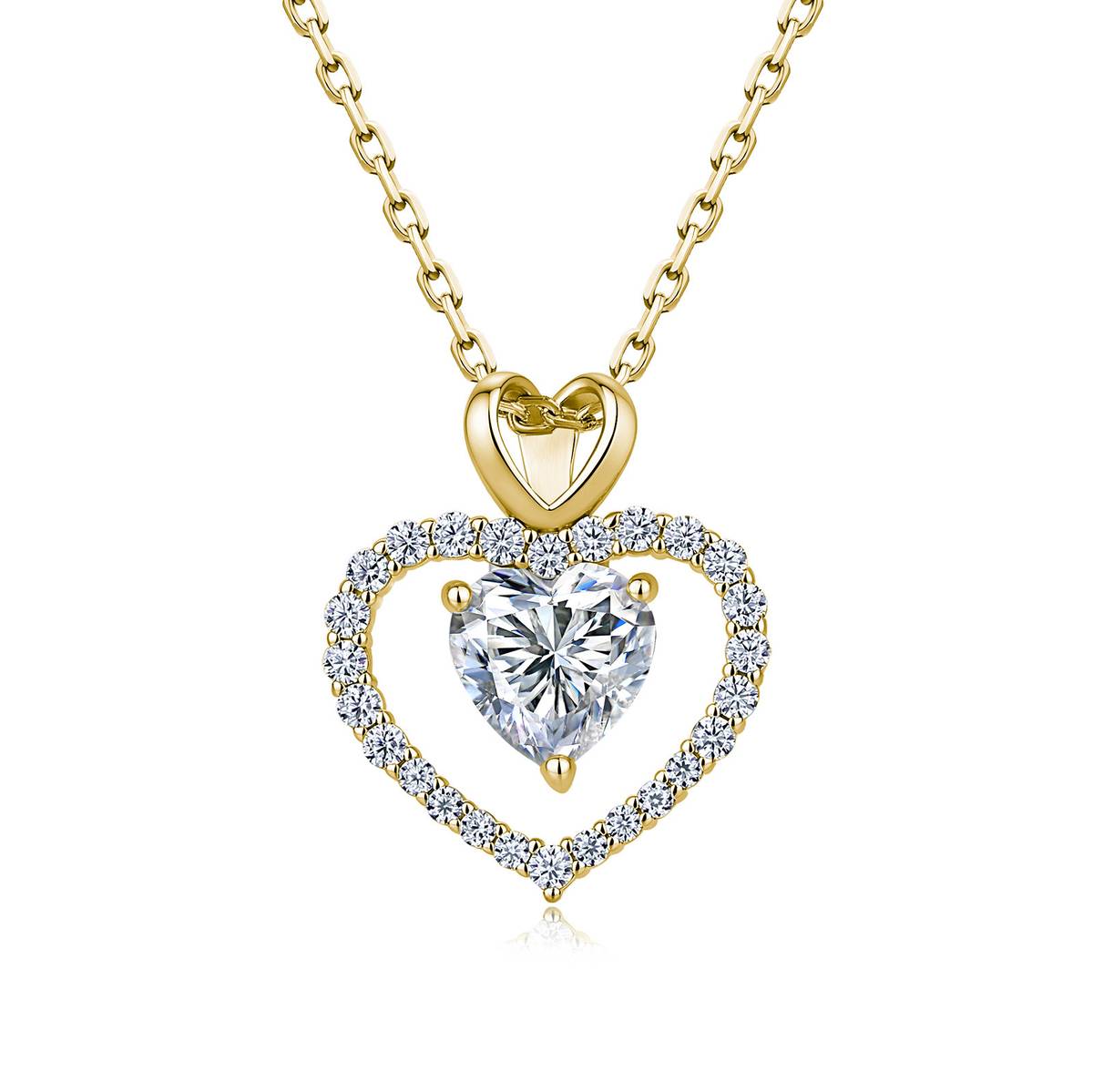 SP0546902款S925银镀18K金心形莫桑钻双心项链1.0ct