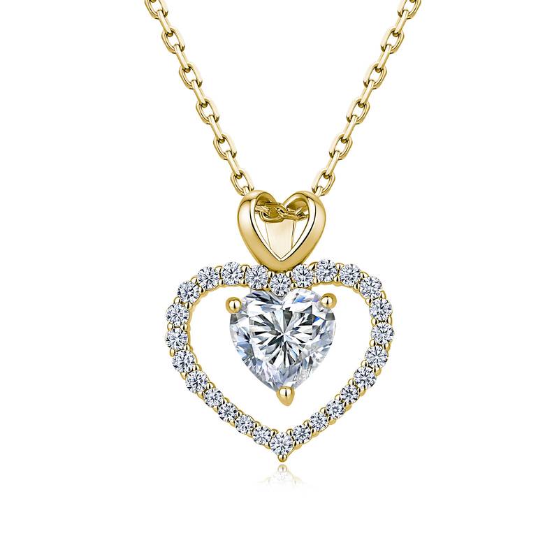 SP0546902款S925银镀18K金心形莫桑钻双心项链1.0ct