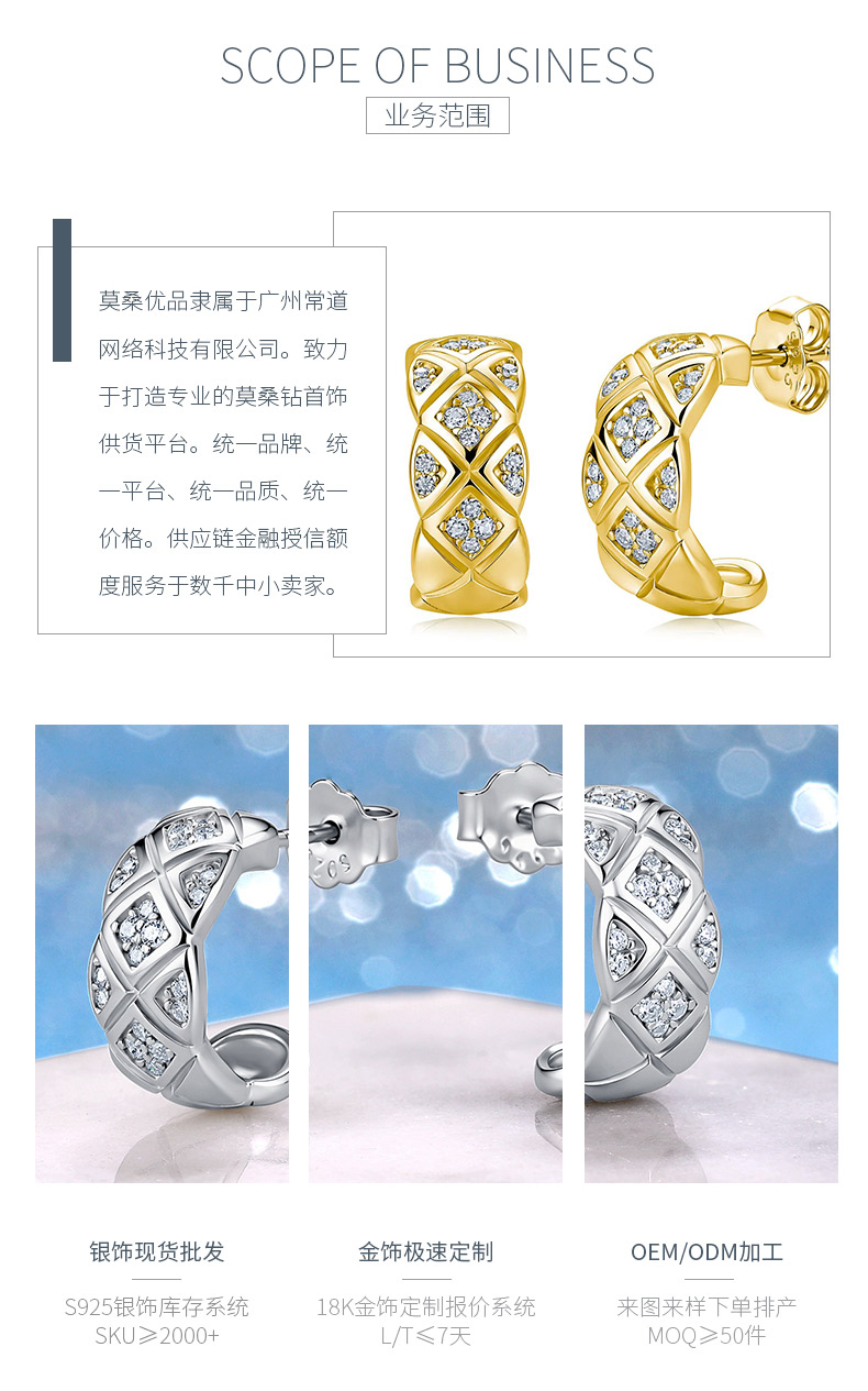 SE0814301款S925银镀18K金莫桑钻菱形格耳环0.24ct - 3