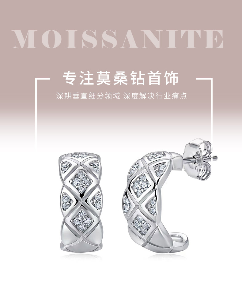SE0814301款S925银镀18K金莫桑钻菱形格耳环0.24ct - 1