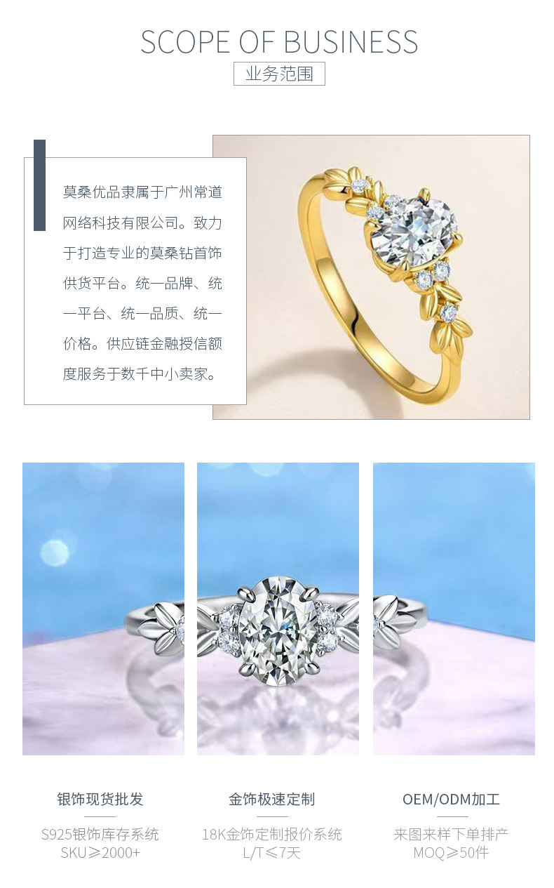 SR0729101款S925银镀18K金蛋形莫桑钻橄榄叶女戒1.1ct - 3