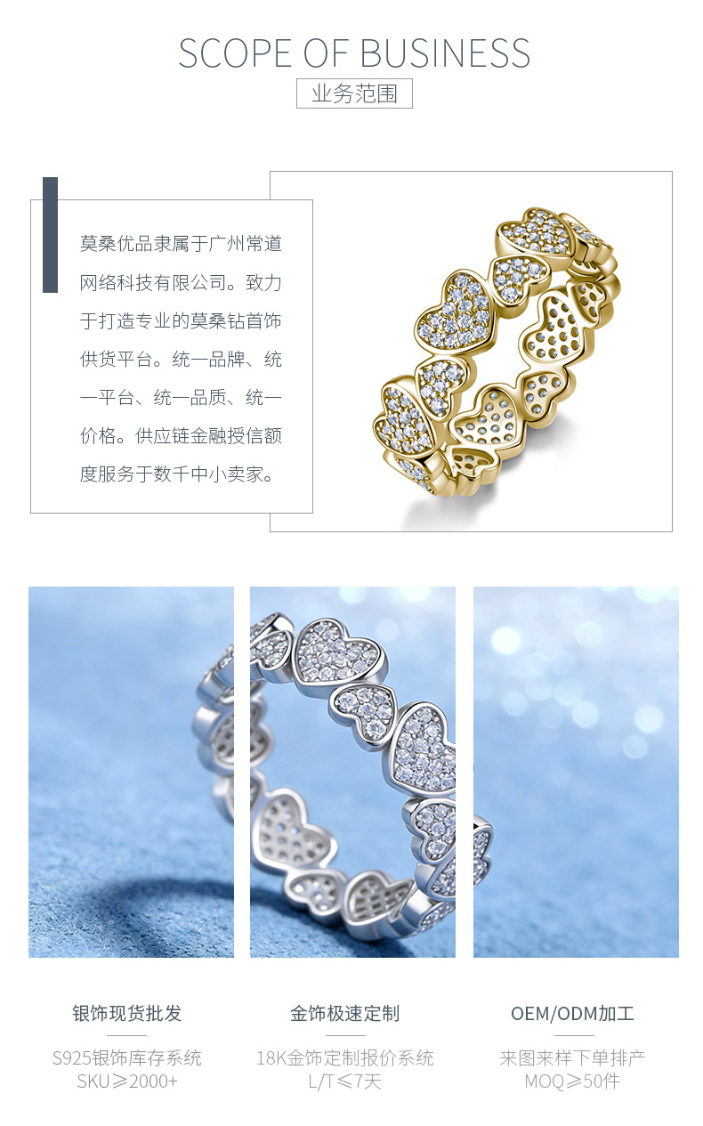 SR0399007款S925银镀18K金满镶莫桑钻心心相连女戒0.67ct - 3
