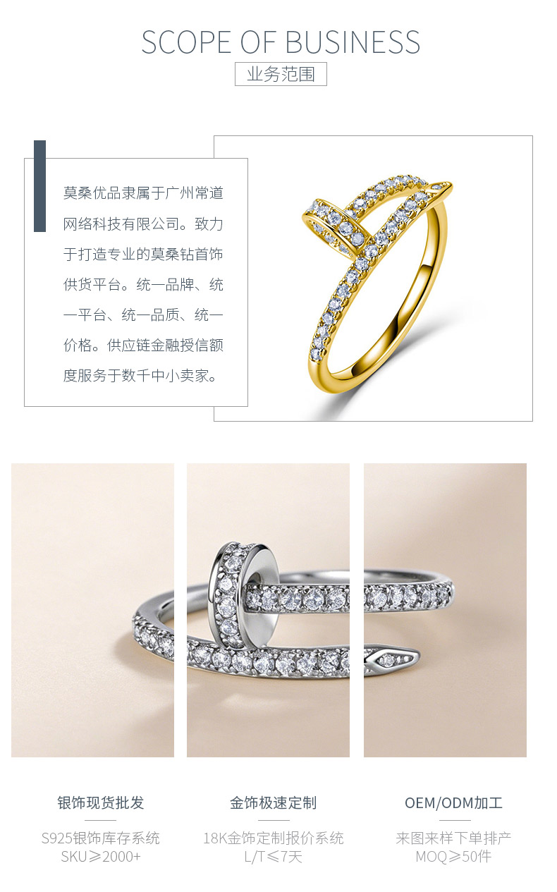 SR0346007款S925银镀18K金满镶莫桑钻个性钉子女戒0.5ct - 3