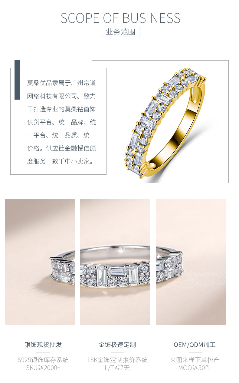 A43-BR0202603款S925银镀18K金长方形莫桑钻轻奢排戒1.0ct - 3