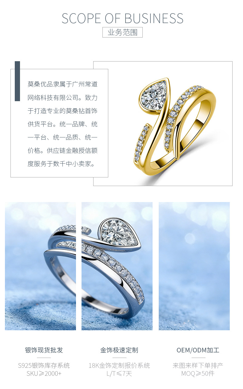 SR0490914款S925银镀18K金梨形莫桑钻轻奢女戒1.0ct - 3