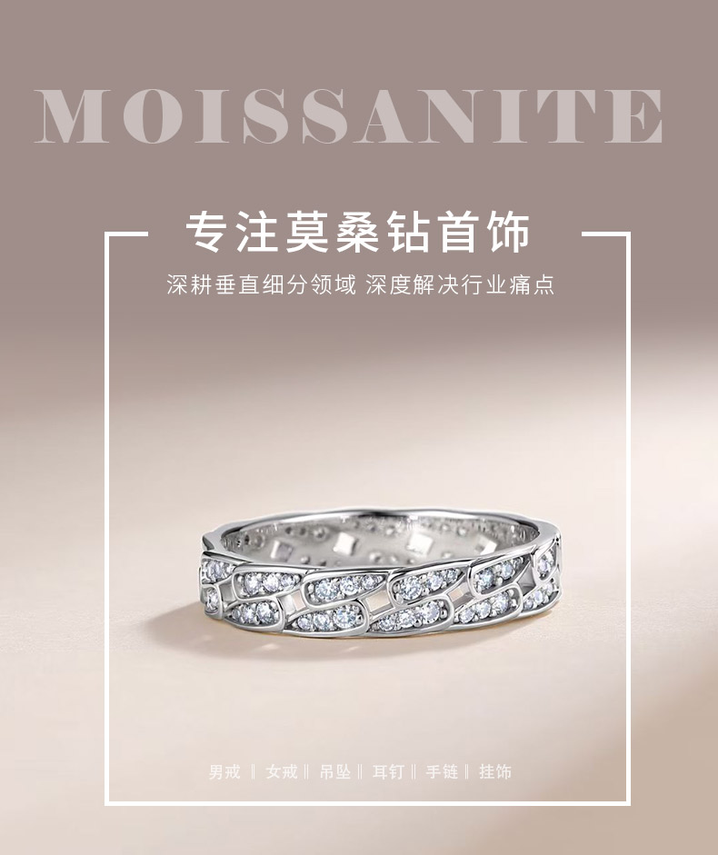 SR0357002款S925银镀18K金莫桑钻链扣女戒0.67ct - 1