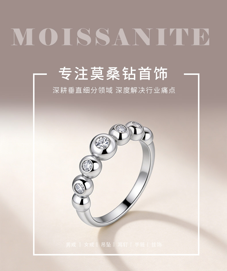 SR0600904款S925银镀18K金莫桑钻圆珠女戒0.18ct - 1