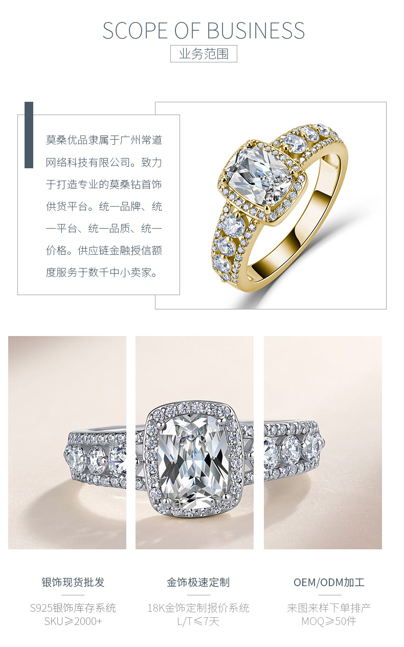 SR0220102款S925银镀18K金长方枕形莫桑钻奢华女戒2.8ct - 3