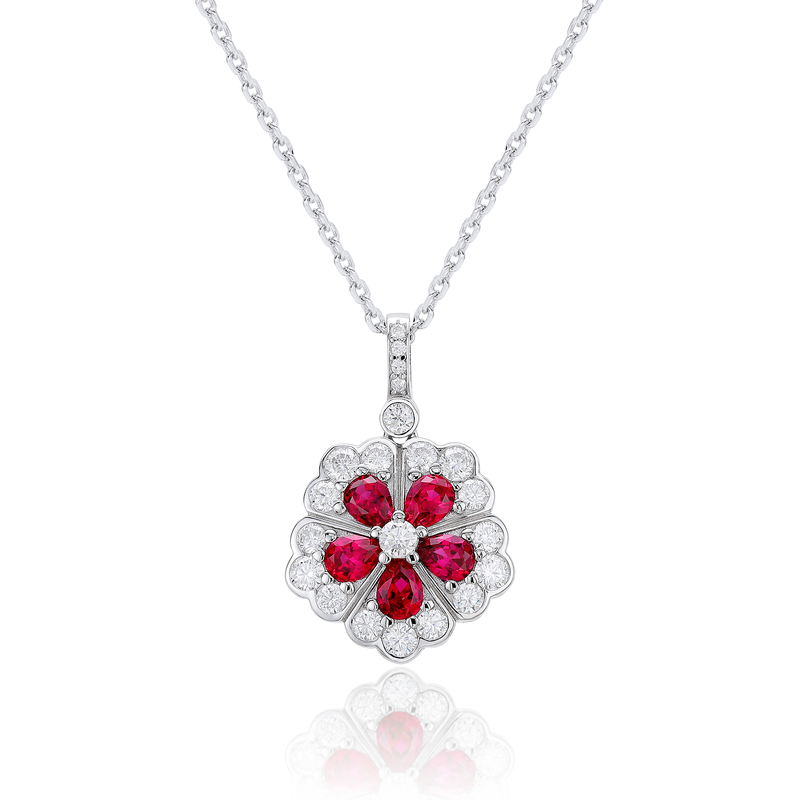 LCB0127款S925银镀18K白金梨形培育彩宝五瓣花莫桑钻项链/彩宝1.5ct