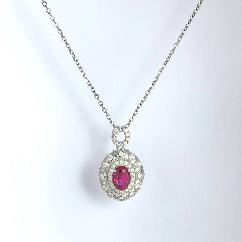LCB0219银镀18K白金蛋形培育彩宝莫桑钻项链主石7*5mm/1.0ct