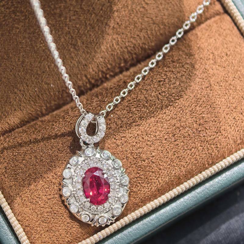 LCB0219银镀18K白金蛋形培育彩宝莫桑钻项链主石7*5mm/1.0ct