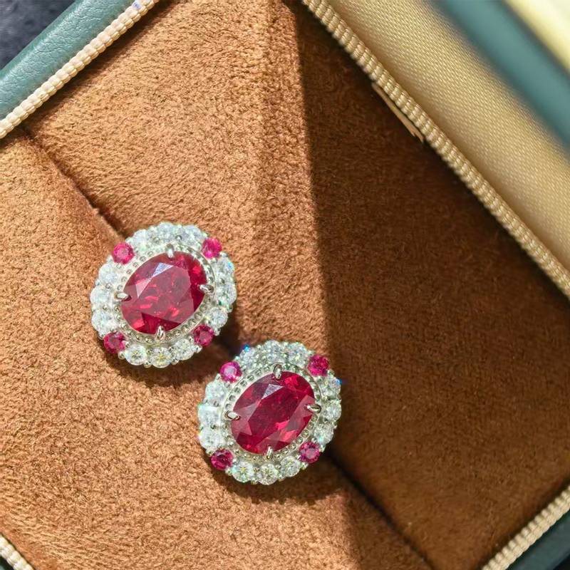 ECB7002银镀18K白金蛋形培育红宝宫廷风鸽子蛋耳环8*6mm/1.5ct*2粒
