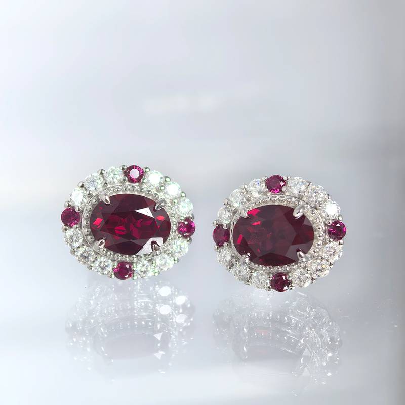 ECB7002银镀18K白金蛋形培育红宝宫廷风鸽子蛋耳环8*6mm/1.5ct*2粒