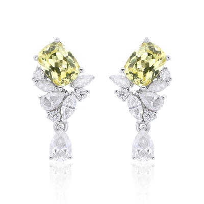 ECB0143银镀18K白金长方枕形培育黄蓝宝莫桑钻耳环主石8*6mm/1.5ct*2