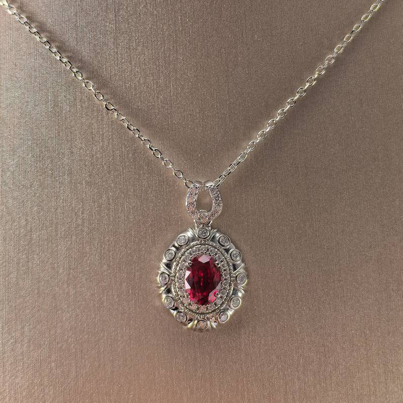 LCB0219银镀18K白金蛋形培育彩宝莫桑钻项链主石7*5mm/1.0ct
