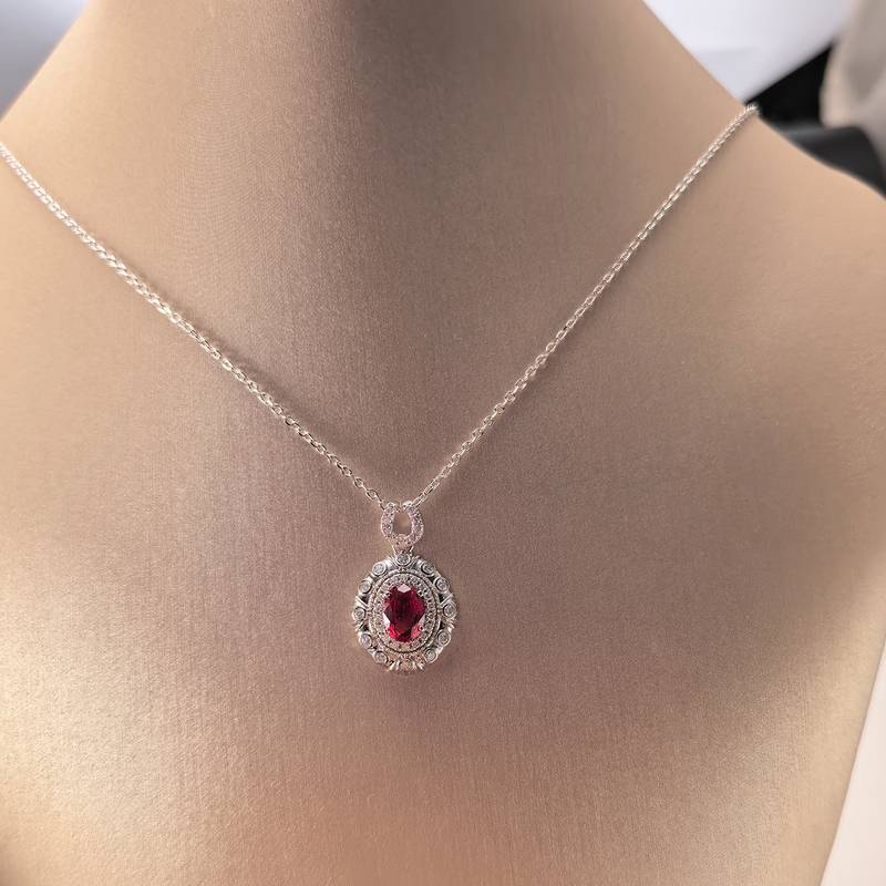 LCB0219银镀18K白金蛋形培育彩宝莫桑钻项链主石7*5mm/1.0ct