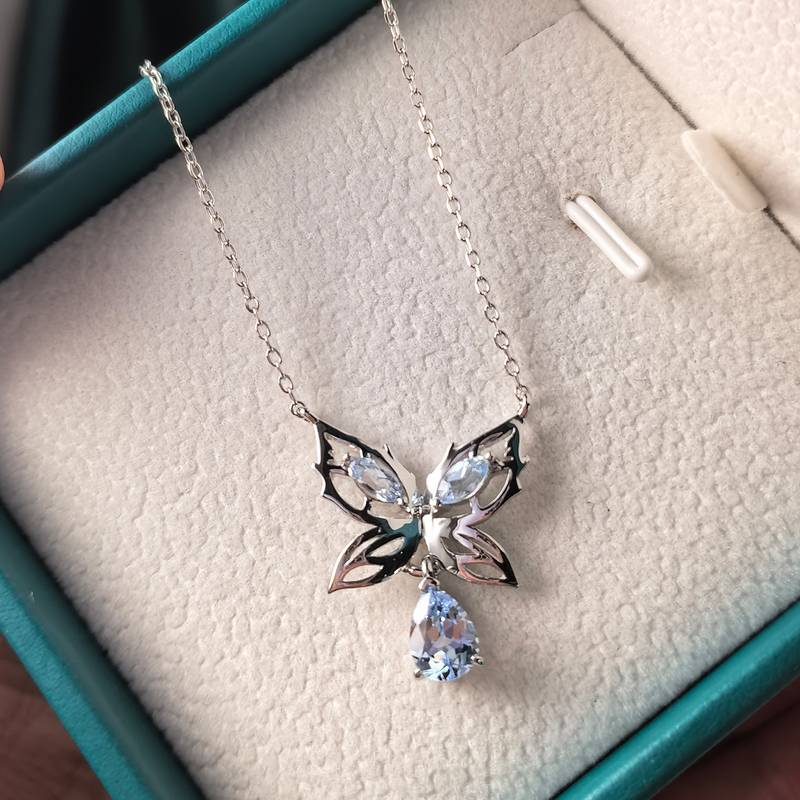LCB7001银镀18K白金培育海蓝宝蝴蝶项链主石7*5mm/0.8ct