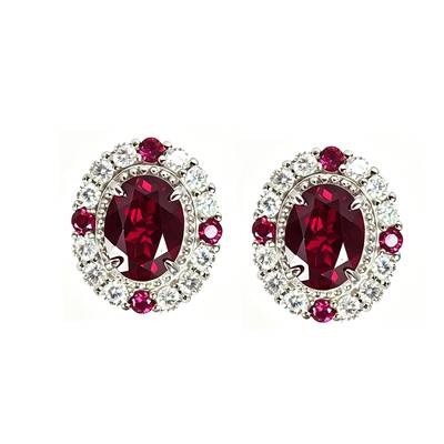 ECB7002银镀18K白金蛋形培育红宝宫廷风鸽子蛋耳环8*6mm/1.5ct*2粒