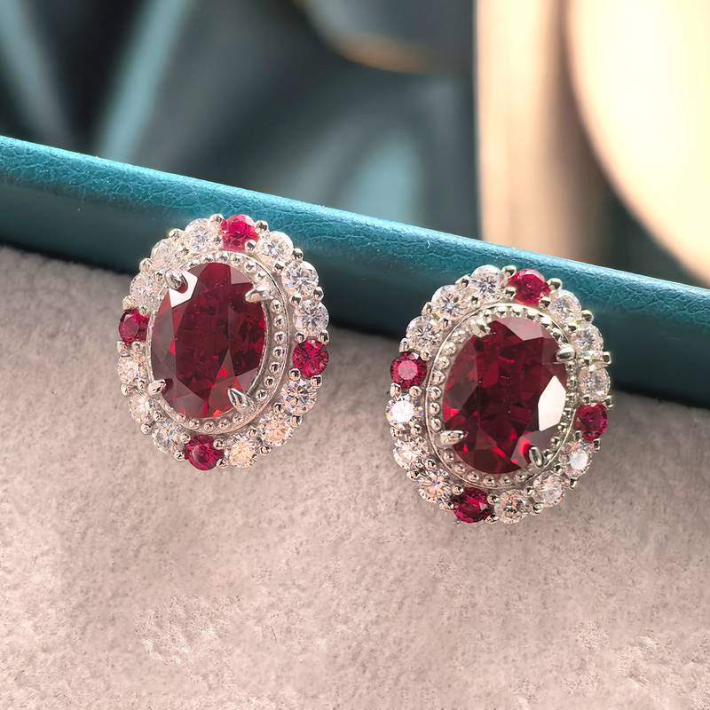 ECB7002银镀18K白金蛋形培育红宝宫廷风鸽子蛋耳环8*6mm/1.5ct*2粒