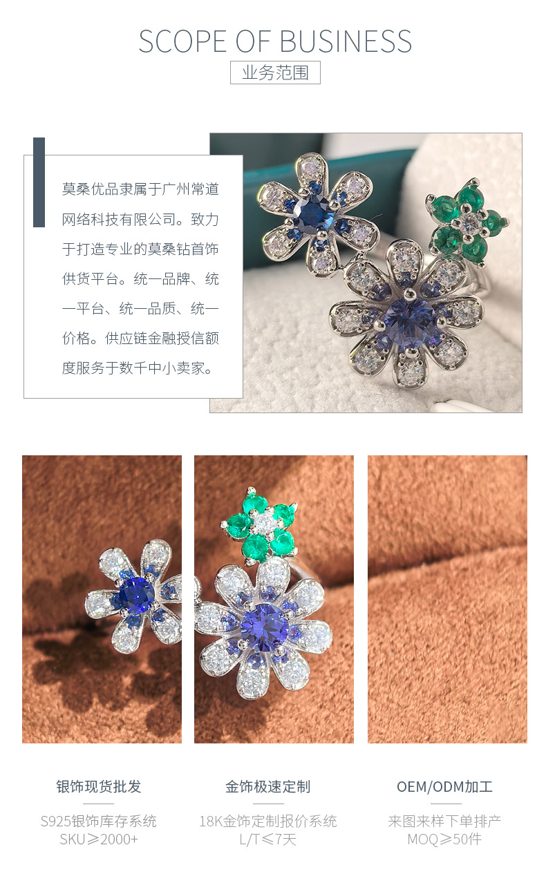 RCB5240款S925银镀18K白金培育彩宝多巴胺彩色花朵莫桑钻戒指 - 3