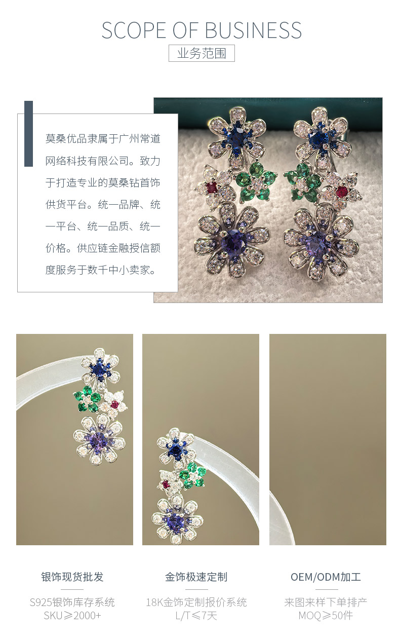ECB5212款S925银镀18K白金培育彩宝多巴胺彩色小花莫桑钻耳环 - 3