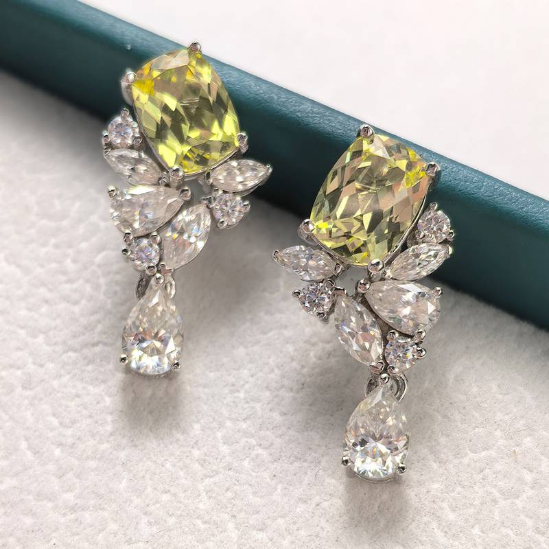 ECB0143银镀18K白金长方枕形培育黄蓝宝莫桑钻耳环主石8*6mm/1.5ct*2