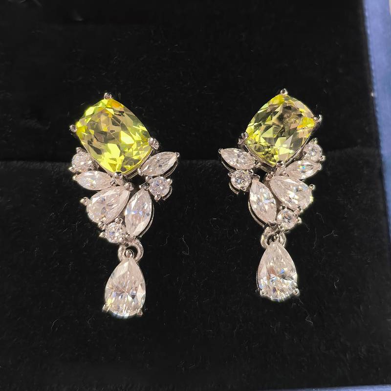 ECB0143银镀18K白金长方枕形培育黄蓝宝莫桑钻耳环主石8*6mm/1.5ct*2