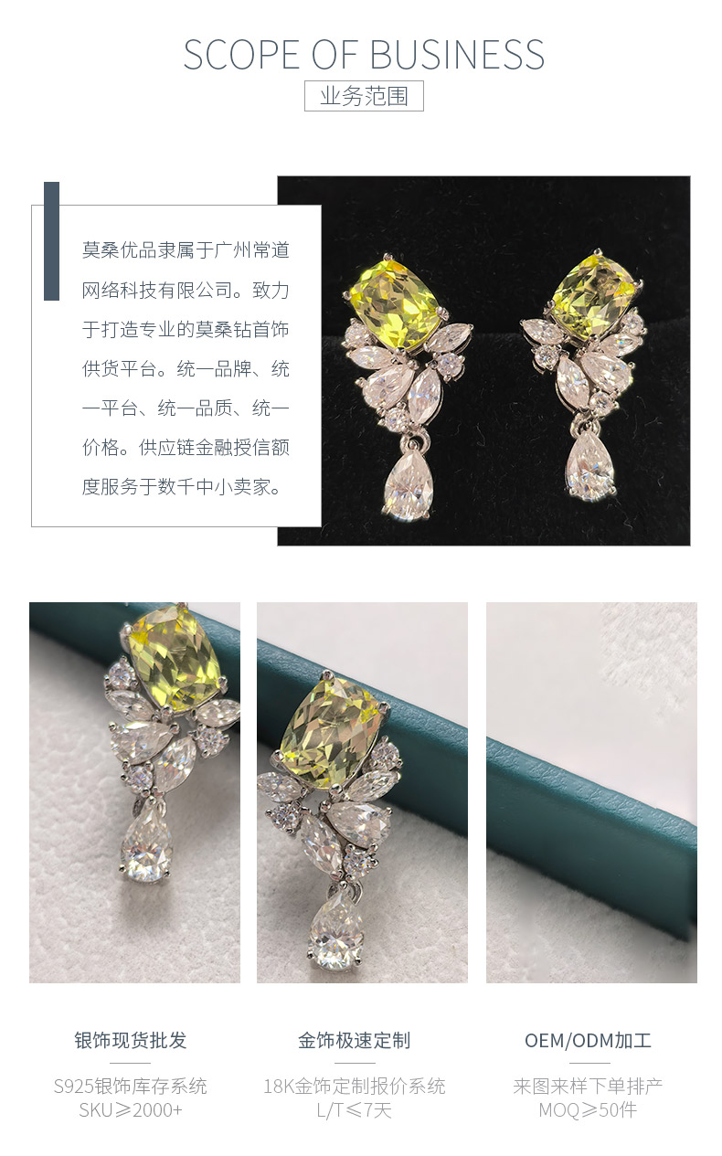 ECB0143银镀18K白金长方枕形培育黄蓝宝莫桑钻耳环主石8*6mm/1.5ct*2 - 3