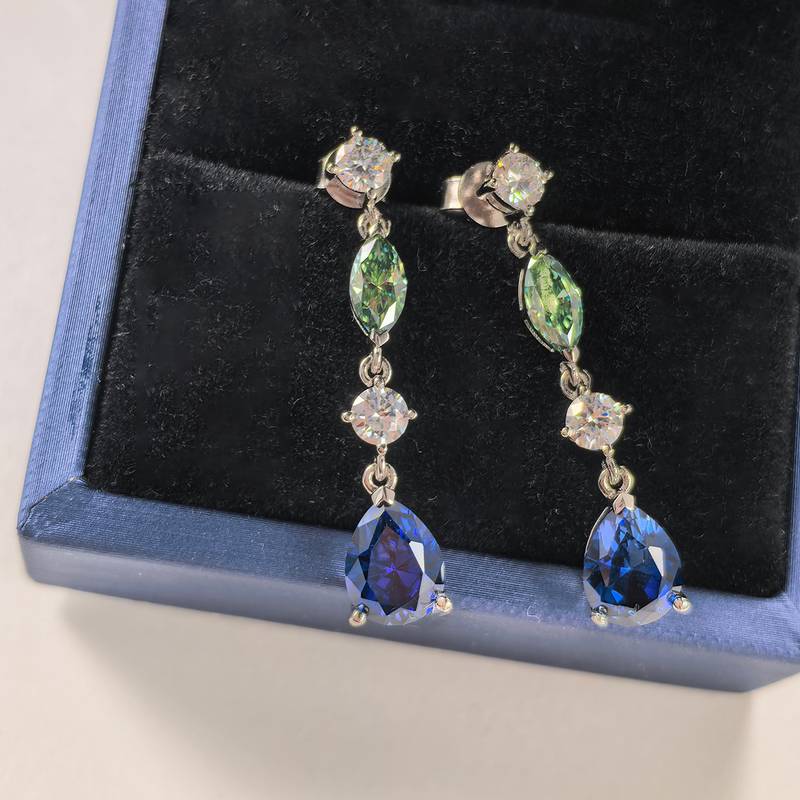 ECB0004银镀18K白金培育蓝宝流苏莫桑钻耳环主石9*7mm/1.5ct*2