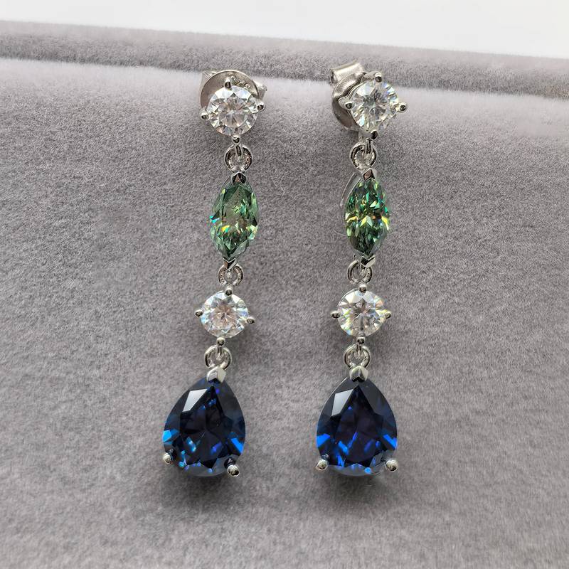 ECB0004银镀18K白金培育蓝宝流苏莫桑钻耳环主石9*7mm/1.5ct*2